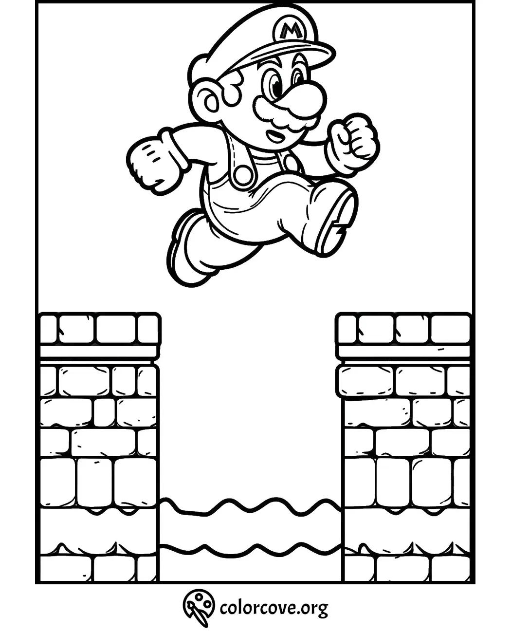 Coloring page of a classic video game character jumping over a gap with brick pillars and wavy lines below.