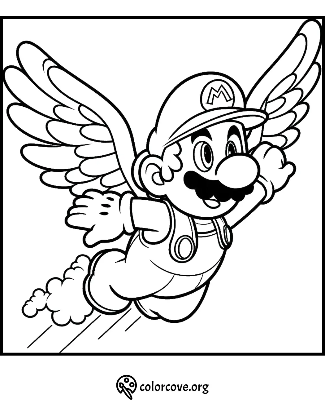 Coloring page of a flying character with wings wearing a hat with an M symbol, perfect for kids to color.