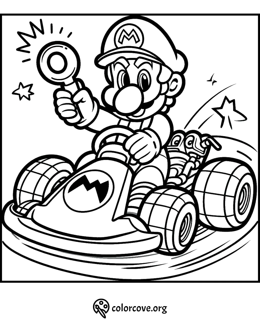 Mario kart coloring page: Mario drives a kart and holds an item. Printable kids activity sheet by colorcove.org.