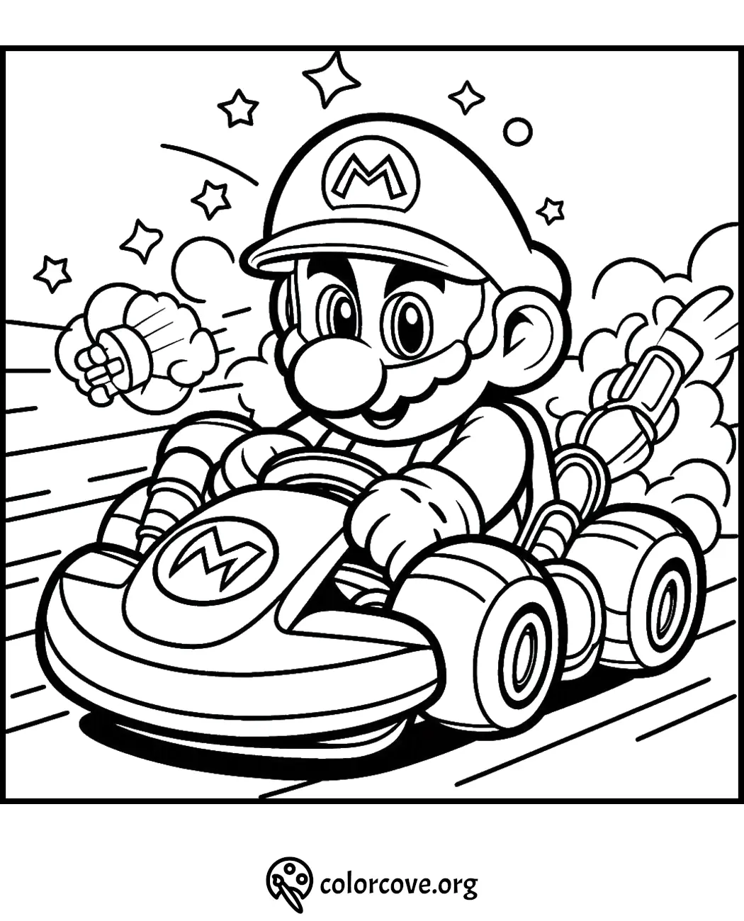 Cartoon character driving a racing kart coloring page with star decorations in the background from colorcove.org.