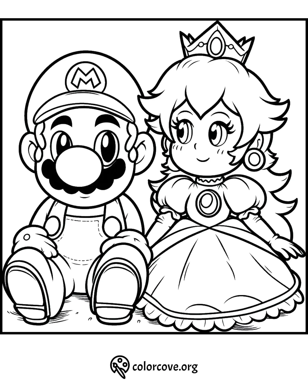 Coloring page featuring two cute characters sitting: a mustached man in overalls and a princess with a crown.