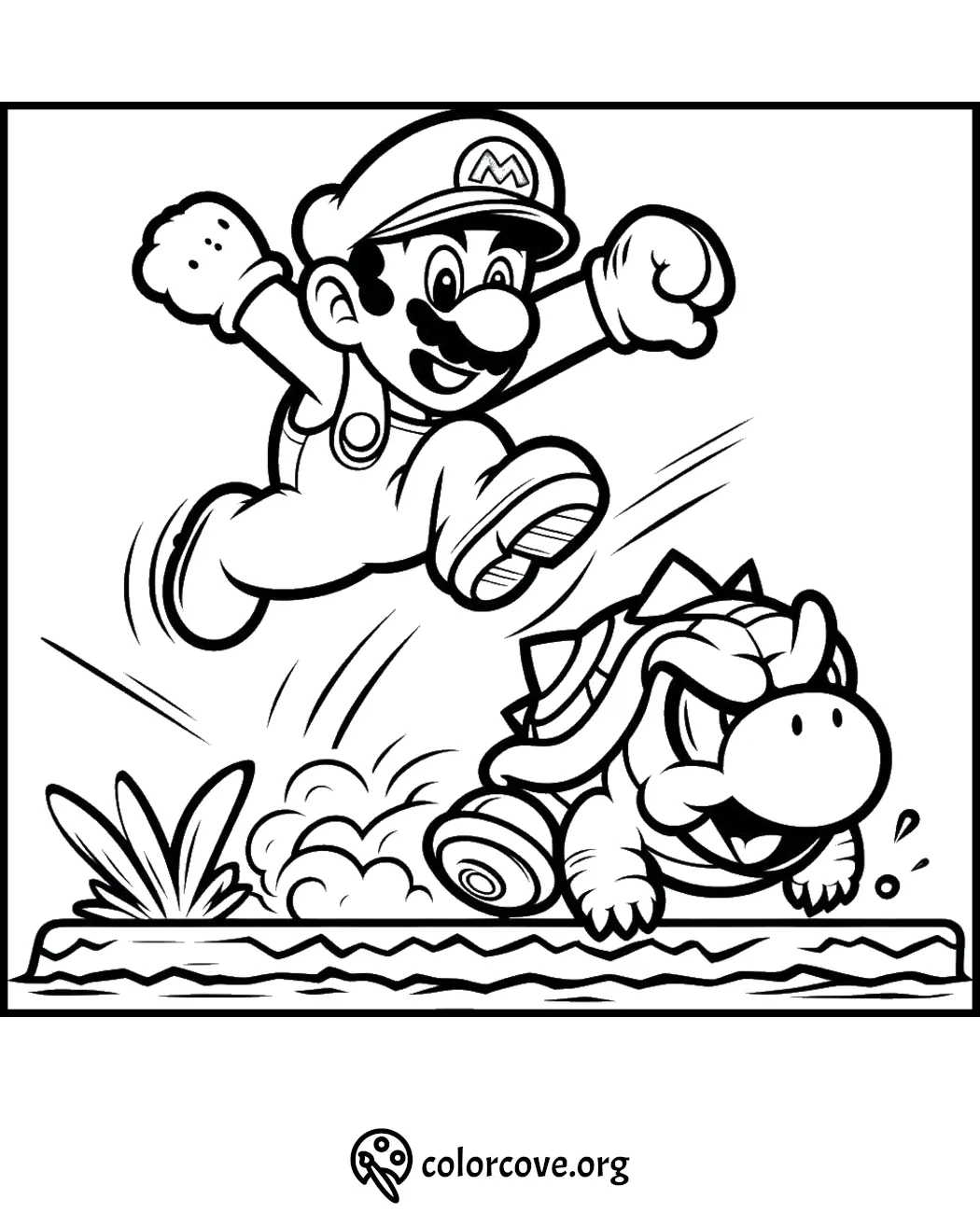 Coloring page of an iconic video game character jumping over a turtle-like creature, provided by colorcove.org.