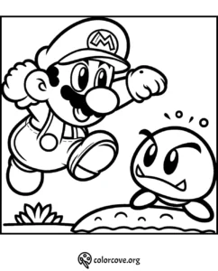 Coloring page featuring iconic video game character jumping over enemy, ready for creative coloring fun at ColorCove.org.