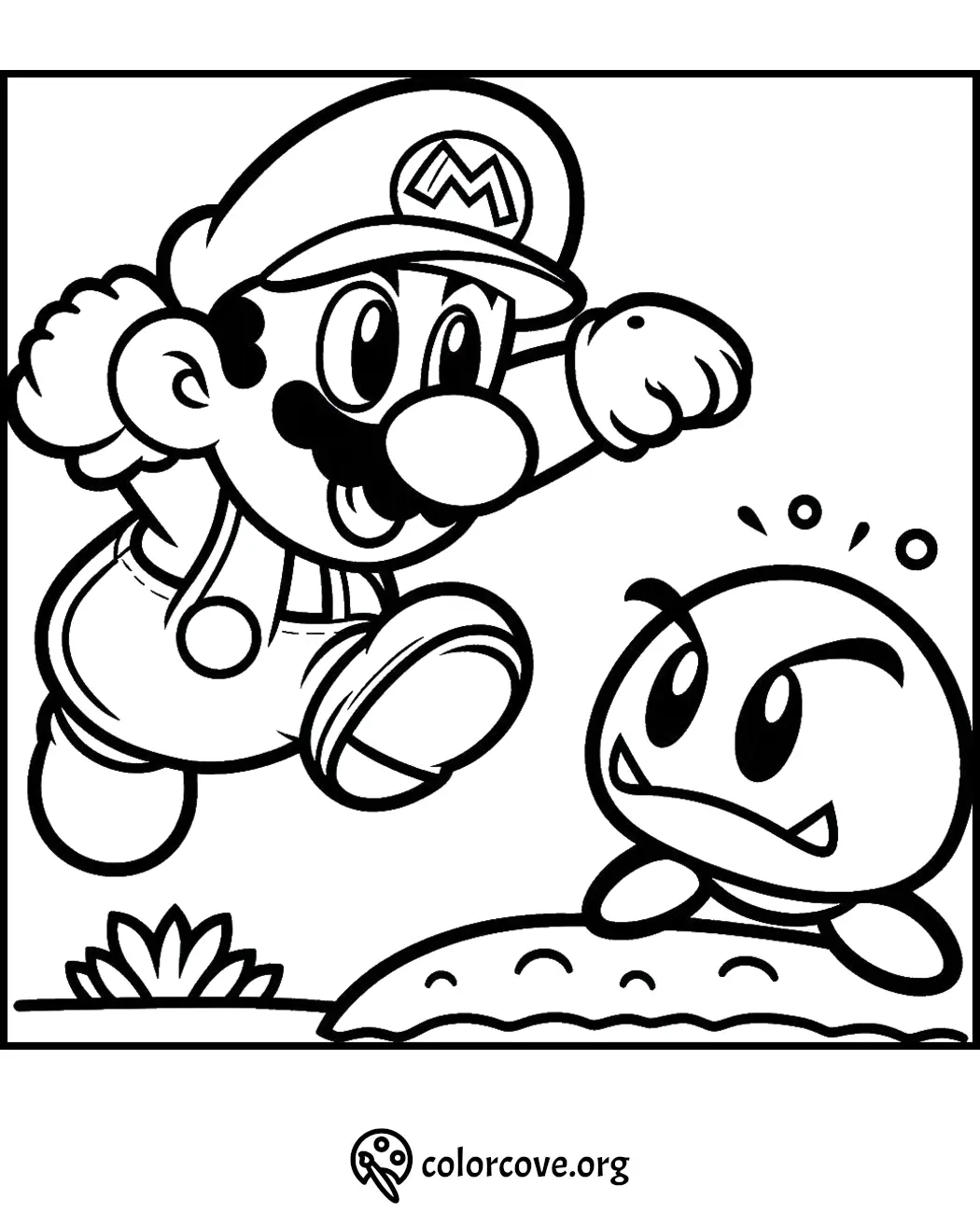 Coloring page featuring iconic video game character jumping over enemy, ready for creative coloring fun at ColorCove.org.