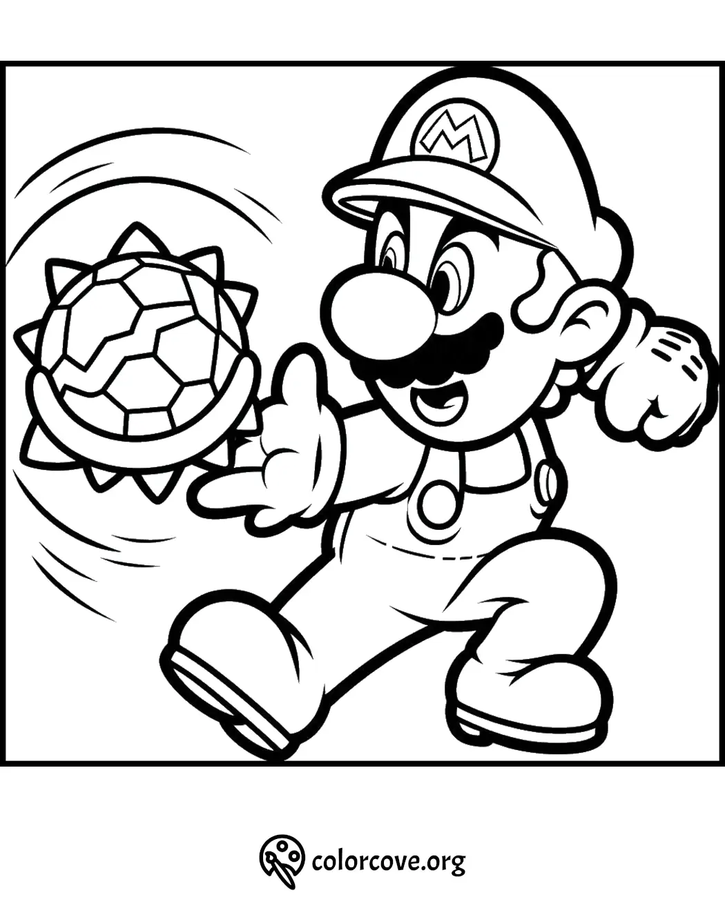 Mario coloring page featuring Mario holding a spiked ball, perfect for kids who love video games and coloring activities.