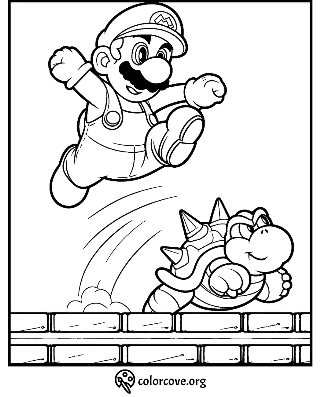 Coloring page of a jumping character in overalls over a spiky turtle on brick platforms. Printable coloring fun for kids.