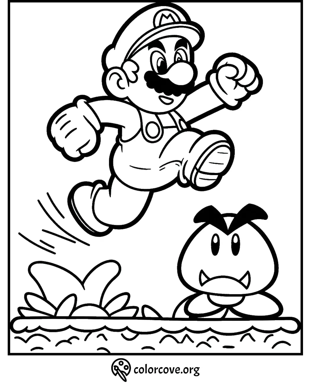 Coloring page featuring a character jumping over a mushroom enemy, suitable for kids who love classic video games.