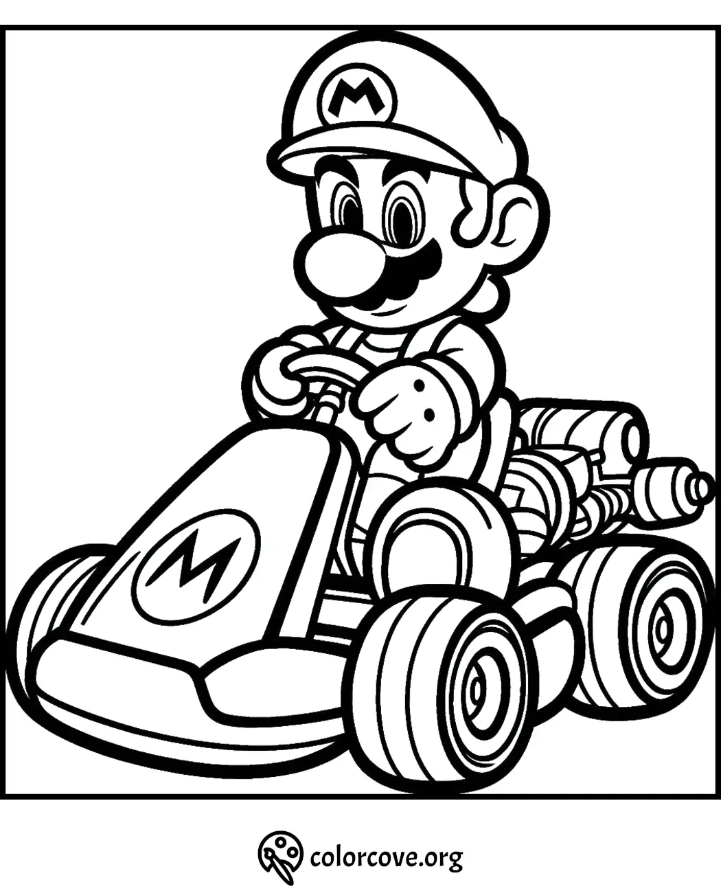 Mario driving a kart coloring page for kids. Fun and printable activity from Colorcove.org.