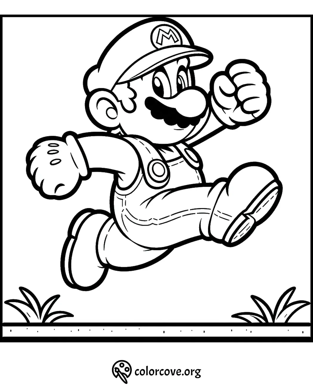 Mario coloring page featuring Mario in a jumping pose, ready for adventure. Free printable at colorcove.org.