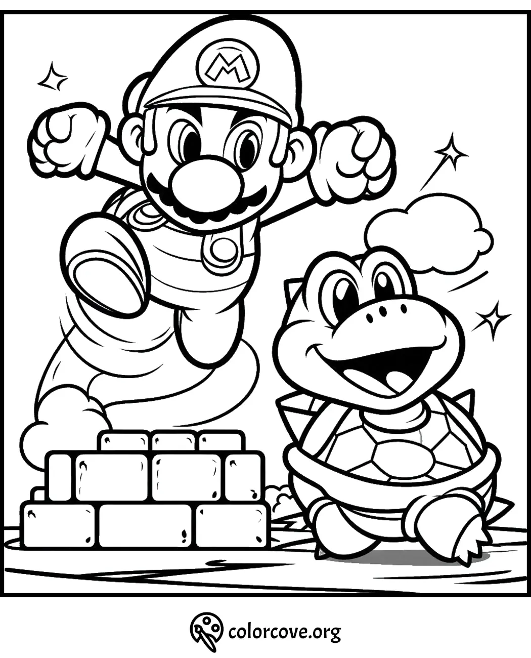 Mario jumping over a turtle character with bricks and clouds in the background; coloring page from colorcove.org