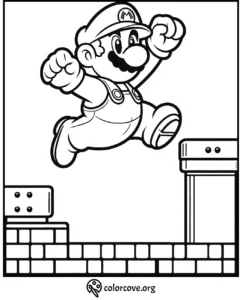 Coloring page featuring an excited character in a hat and overalls, jumping over blocks. Ideal for kids and fans.