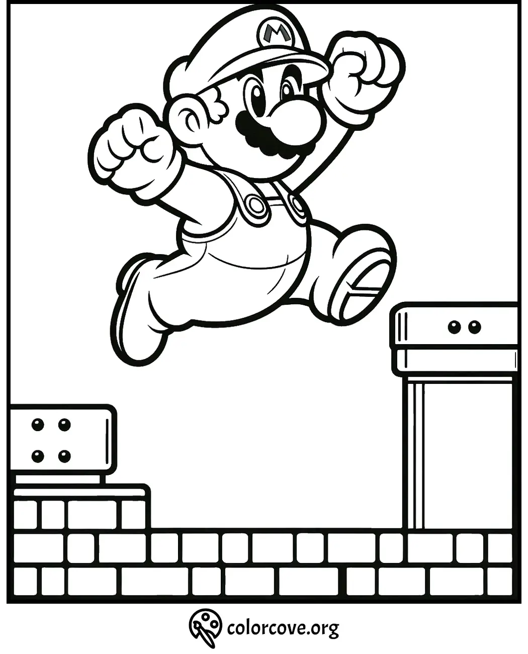 Coloring page featuring an excited character in a hat and overalls, jumping over blocks. Ideal for kids and fans.