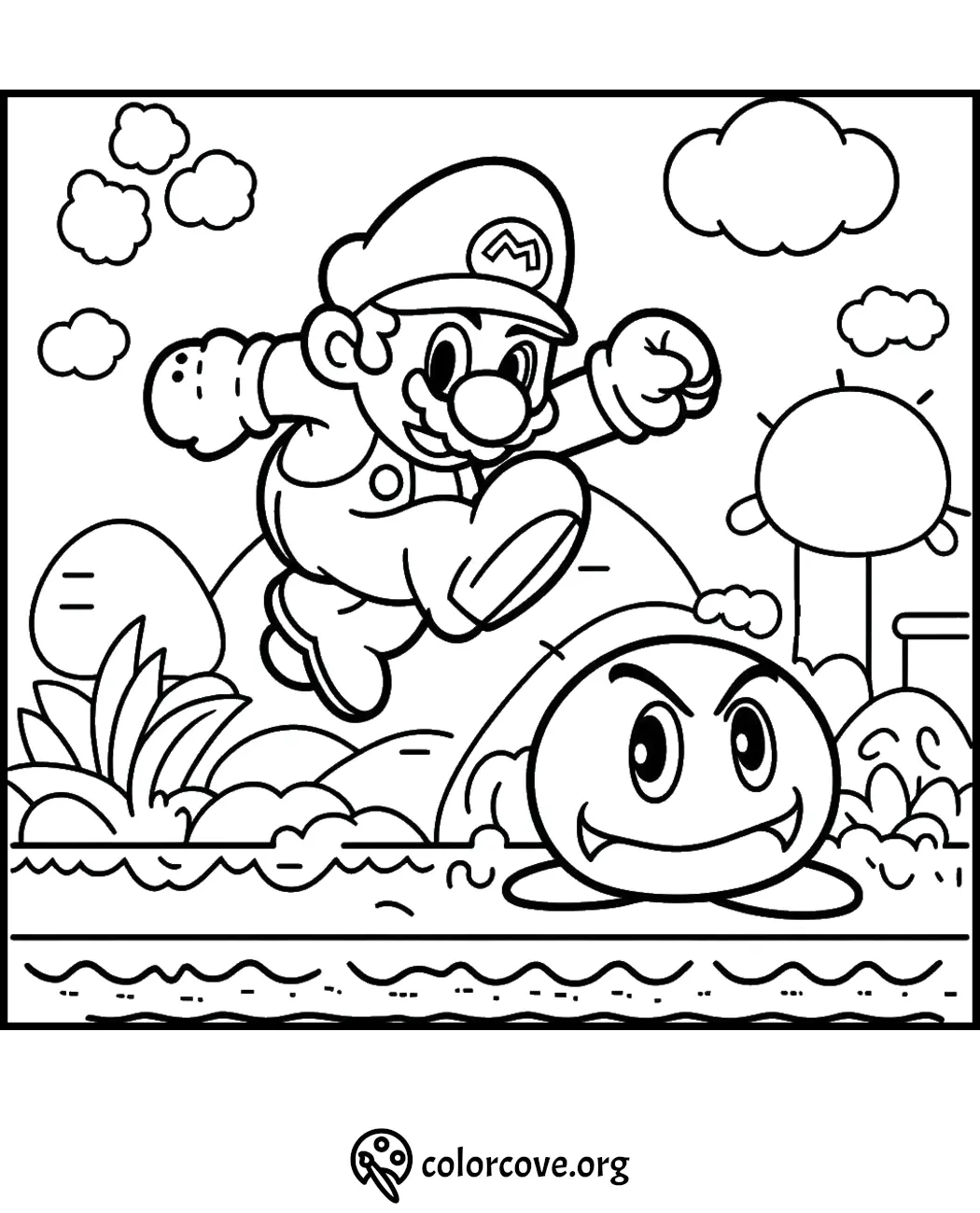 Mario jumping over a Goomba in a detailed coloring page for kids. Fun, printable activity.