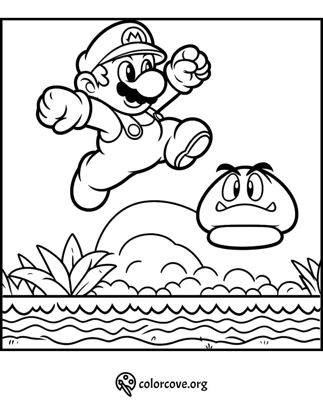 Coloring page of iconic video game character jumping over a mushroom-like enemy next to a bush and water.