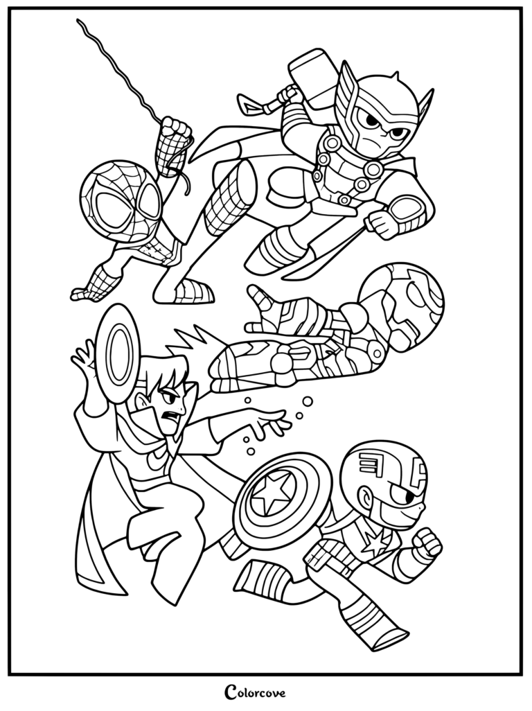 Une adorable illustration numérique de style chibi mettant en scène des super-héros Marvel dont Spider-Man, Thor, Iron Man, Docteur Strange et Captain America, conçue comme un coloriage Marvel Avengers gratuit.