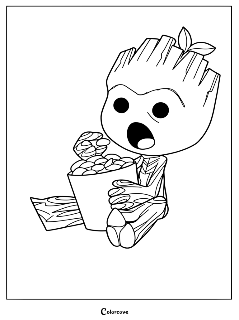 Coloriage de Bébé Groot mangeant du pop-corn issu de Marvel Avengers.