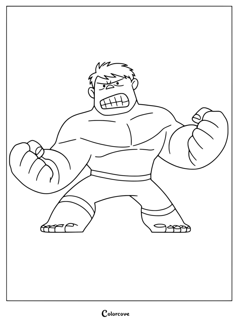 Coloriage de Hulk mettant en scène le personnage de Marvel Avengers dans une posture furieuse aux poings serrés.