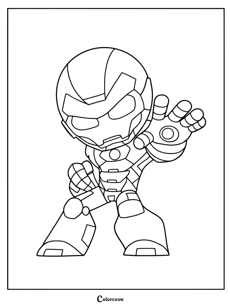 Coloriage d'Iron Man mettant en vedette un héros de Marvel Avengers dans une pose dynamique de tir répulseur.
