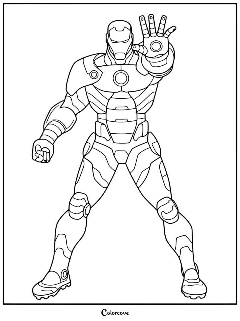 Coloriage Iron Man à imprimer présentant le héros de Marvel Avengers levant la main dans une pose classique de tir répulseur.