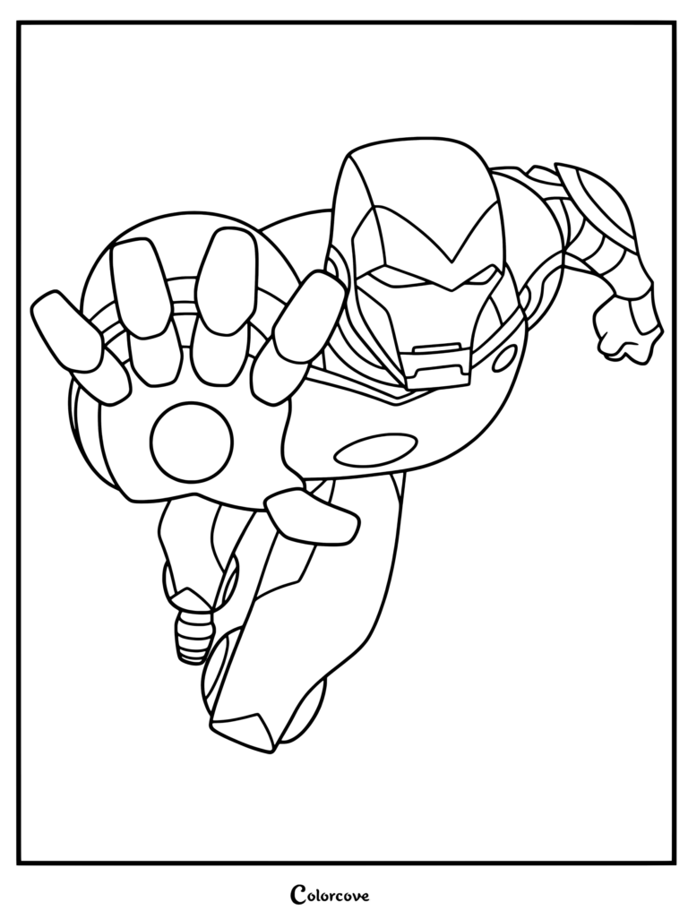 Coloriage d'Iron Man mettant en scène le héros de Marvel Avengers dans une pose dynamique de tir répulseur.