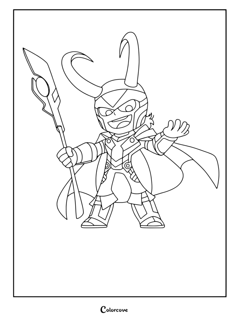 Loki chibi tenant son sceptre avec son casque à cornes, coloriage Marvel Avengers gratuit.