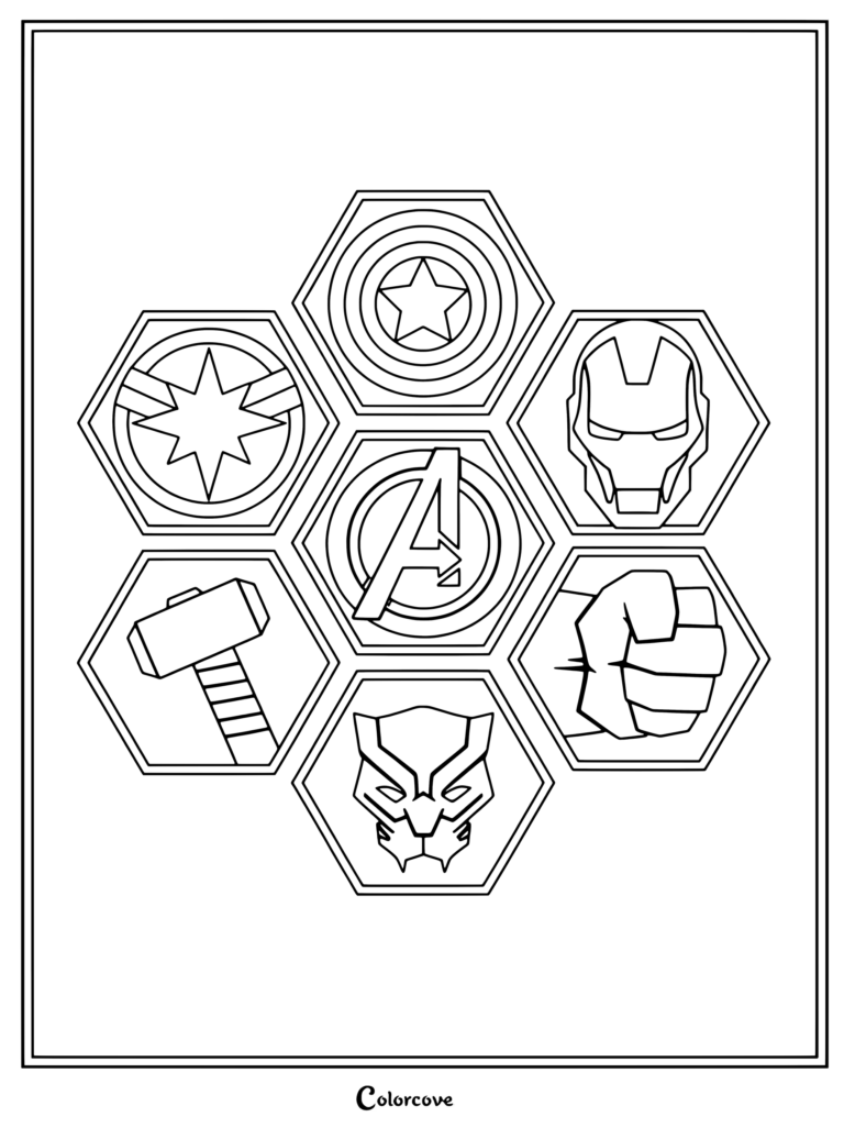 Coloriage des logos de Marvel Avengers présentant les symboles et casques emblématiques des super-héros.