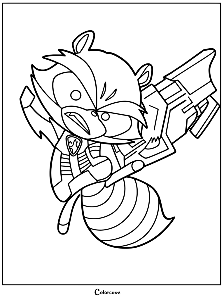 Rocket Raccoon tenant une imposante arme blaster dans ce coloriage Marvel Avengers.