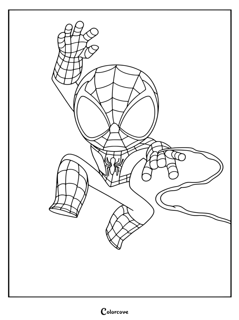 Spider-Man se balançant au bout d'une toile dans ce coloriage dynamique de Marvel Avengers.