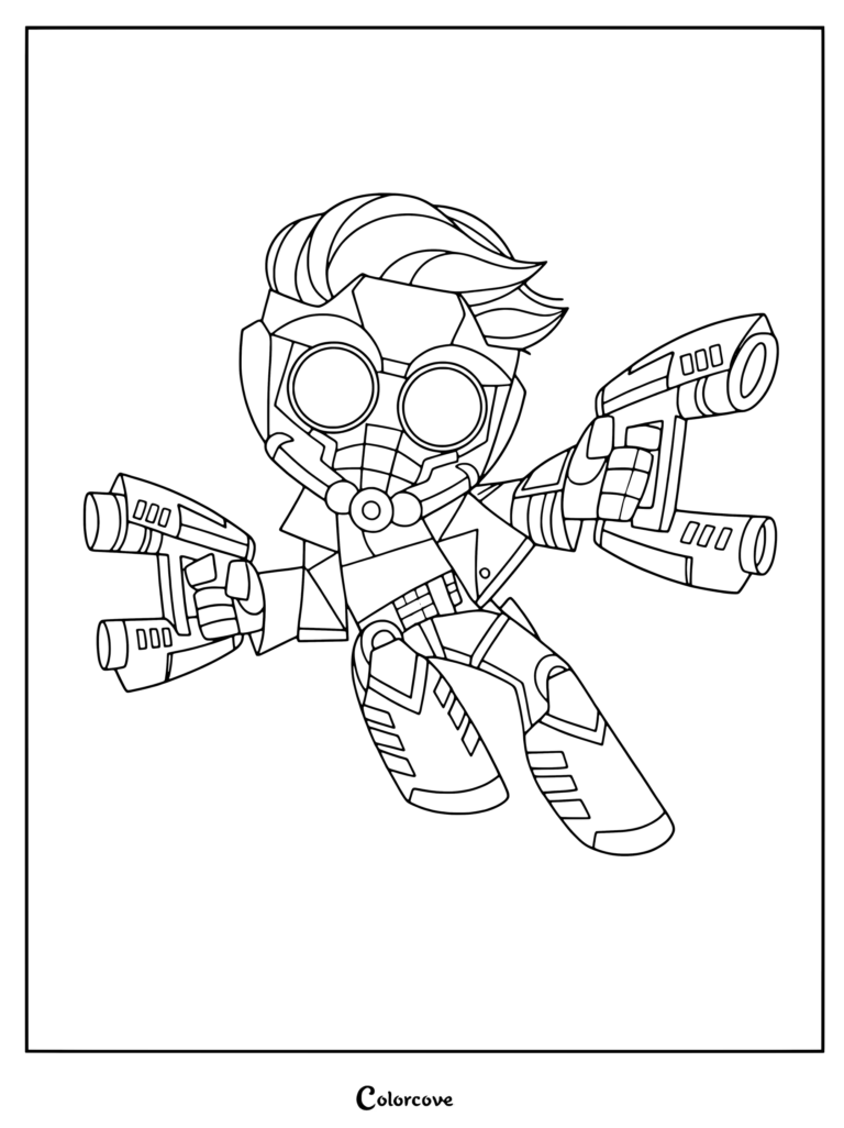 Coloriage de Star-Lord de Marvel Avengers mettant en scène le héros tenant ses deux blasters dans une pose dynamique.
