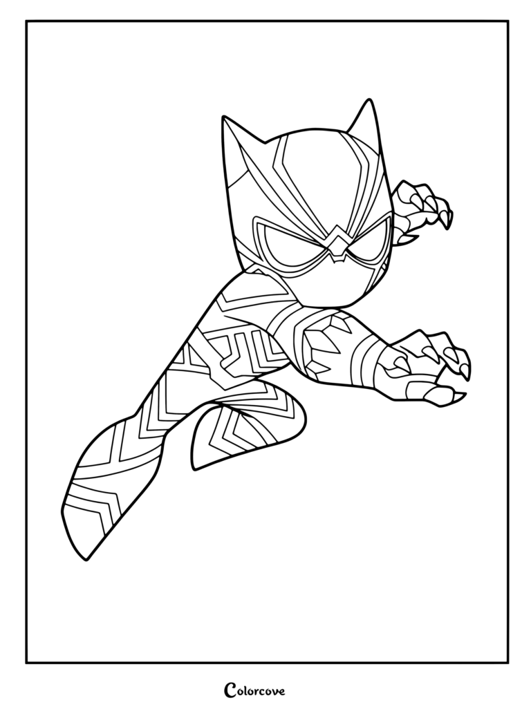 Coloriage de Black Panther de Marvel Avengers présentant le personnage dans une pose d'action accroupie et dynamique, griffes déployées.
