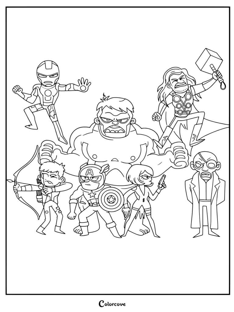 Coloriage de l'équipe des Avengers chibi prête à l'action mettant en scène les personnages de Marvel Avengers Iron Man, Hulk, Thor, Hawkeye, Captain America, Black Widow et Nick Fury sous forme de contours de groupe.