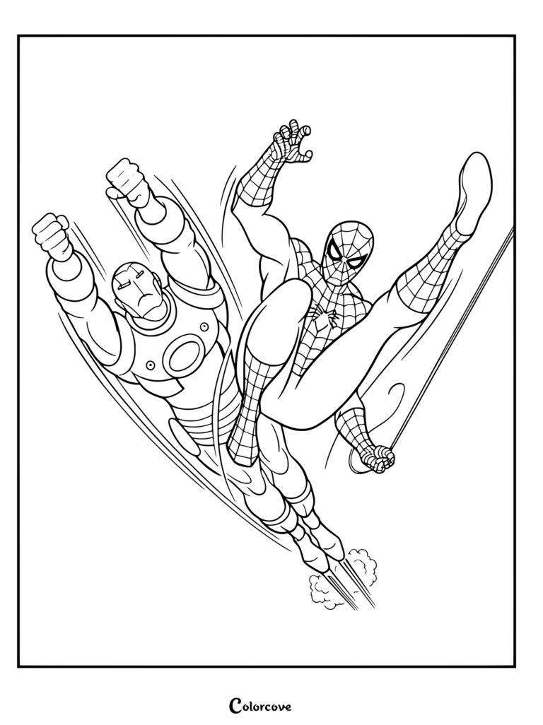 Coloriage d'Iron Man et Spider-Man volant dans une pose d'action pour les fans de Marvel Avengers.