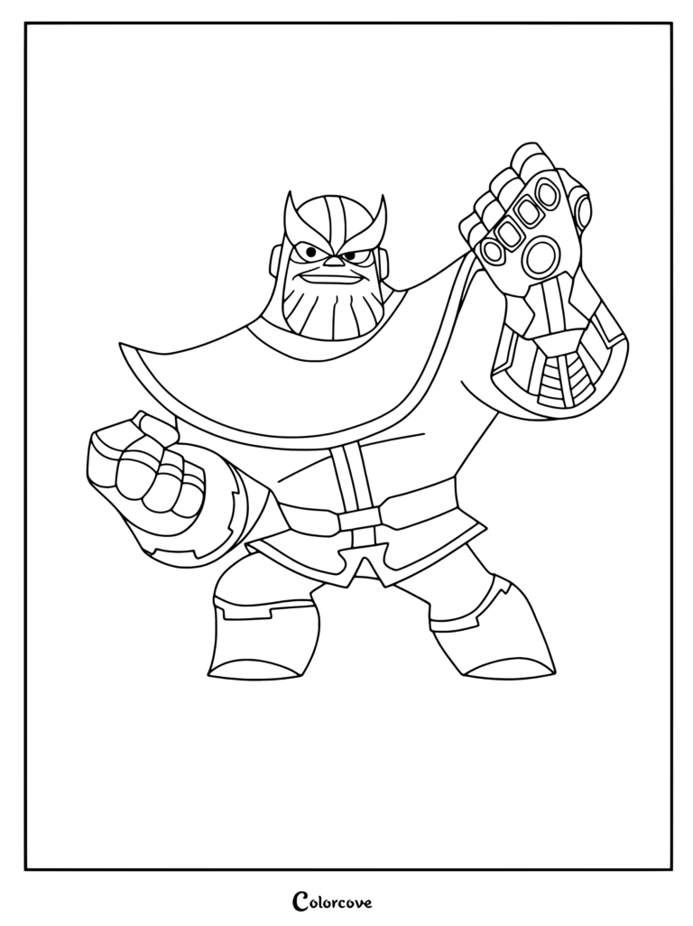 Coloriage de Thanos portant le Gant de l'Infini pour les fans de Marvel Avengers.