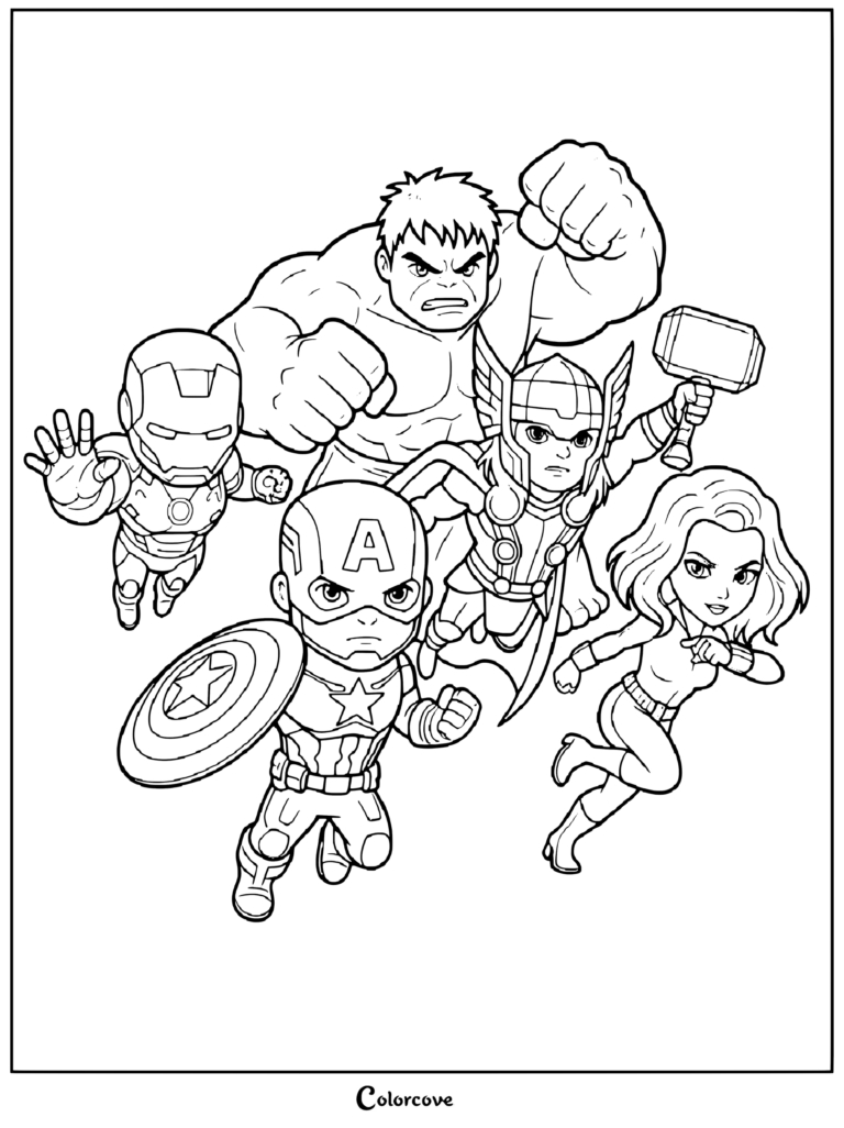Illustration cartoon de style chibi des personnages de Marvel Avengers, incluant Iron Man, Hulk, Captain America, Thor et Black Widow, coloriage.