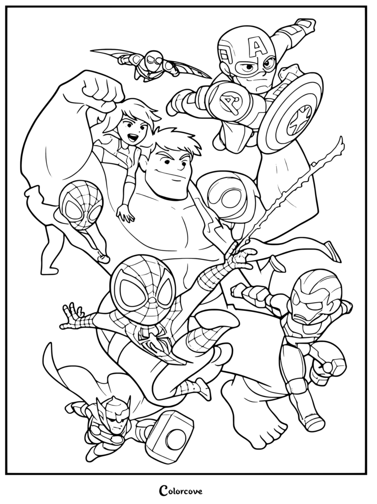 Chibi style Marvel characters pose together.