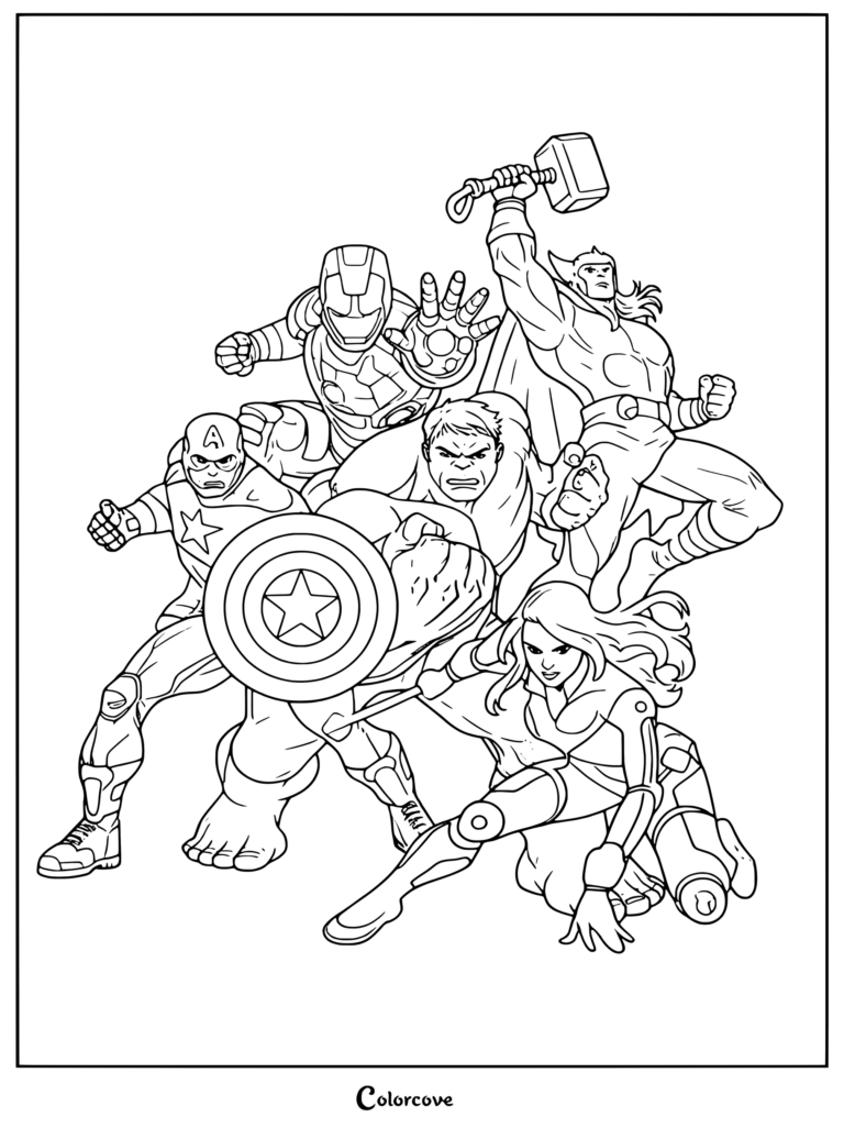 Un coloriage Marvel Avengers à imprimer présentant des illustrations de style comic book classique de Captain America, Iron Man, Thor, Hulk et Black Widow.