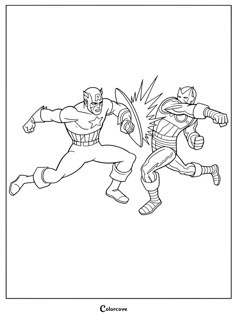Captain America parant un coup de poing d'Iron Man avec son bouclier, dans le style classique des comics de Jack Kirby, coloriage Marvel Avengers.