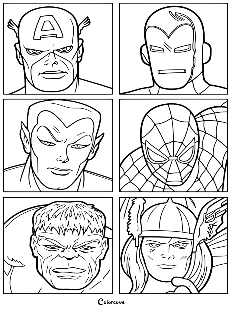 Un coloriage à imprimer présentant une grille d'illustrations de comics classiques des personnages emblématiques de Marvel Avengers : Captain America, Iron Man, Namor le Prince des mers, Spider-Man, Hulk et Thor.