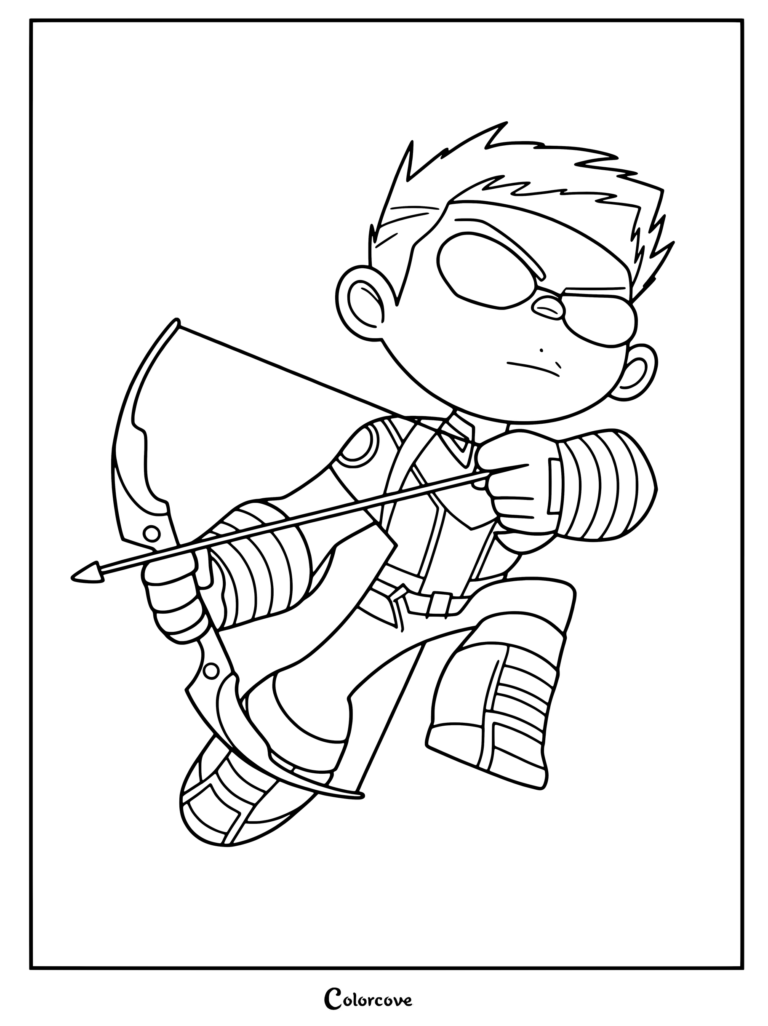 Une illustration de style chibi de Hawkeye (Clint Barton) de Marvel Comics, dessinée dans un style cartoon stylisé et géométrique visant avec son arc, parfaite pour un coloriage Marvel Avengers.