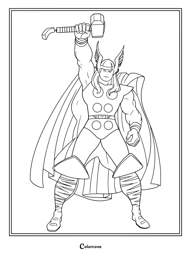 Coloriage de Thor (2) présentant Thor brandissant son marteau vers le haut, issu de la collection Marvel Avengers.