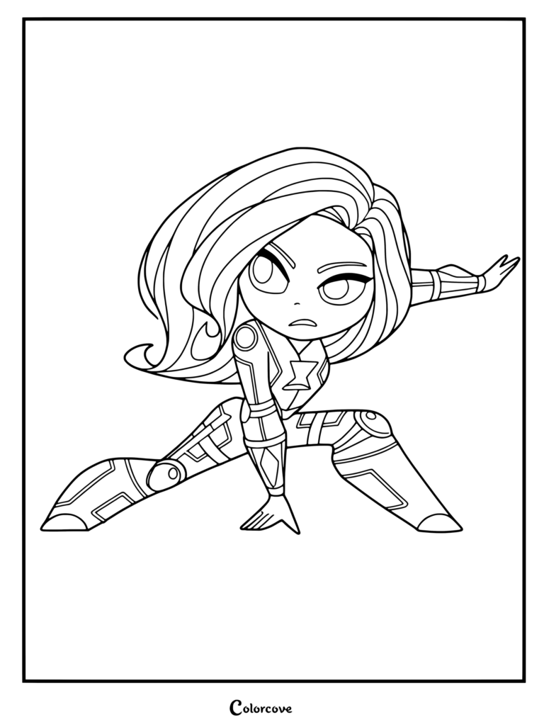 Black Widow dans une pose de super-héroïne dynamique, un coloriage Marvel Avengers à imprimer avec un équipement de combat détaillé.