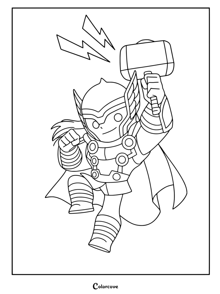 Coloriage de Thor mettant en scène le personnage de Marvel Avengers tenant Mjölnir avec des éclairs au-dessus de lui.