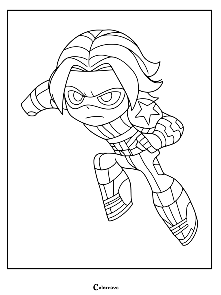 Le Soldat de l'Hiver de Marvel Avengers portant son masque loup emblématique et son bras gauche cybernétique avec une étoile rouge, coloriage à imprimer.