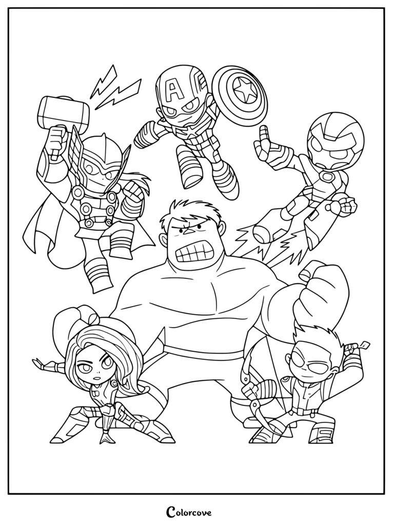 Coloriage chibi des Marvel Avengers avec Captain America, Iron Man, Thor, Hulk, Black Widow et Hawkeye.