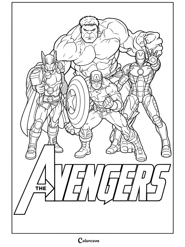 Coloriage Marvel Avengers de Thor, Hulk, Captain America et Iron Man représentant l'équipe principale posant ensemble.