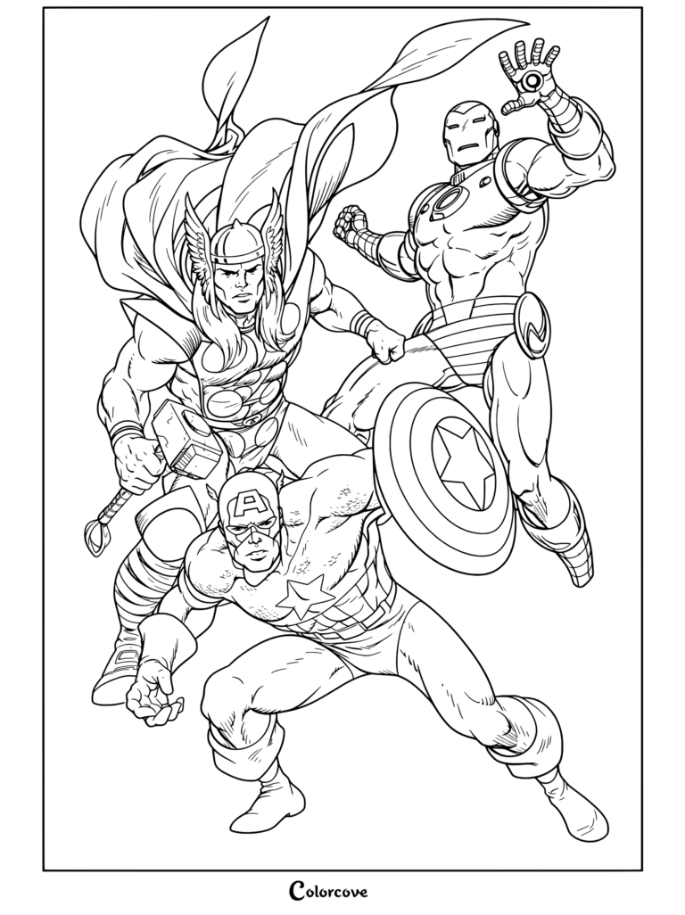 Coloriage des Avengers représentant Thor, Captain America et Iron Man posant de manière dynamique.