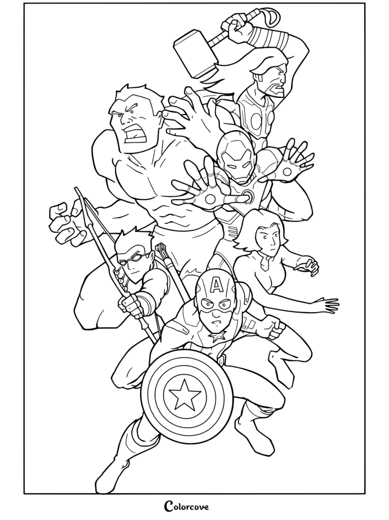 Coloriage imprimable Marvel Avengers représentant Thor, Hulk, Iron Man, Hawkeye, Captain America et Black Widow posant de manière dynamique.