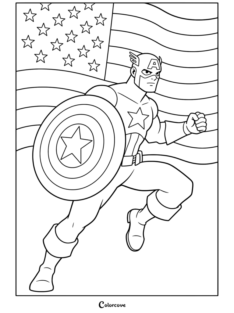 Coloriage de Captain America fonçant vers l'avant avec son bouclier levé devant le drapeau américain pour les fans de Marvel Avengers