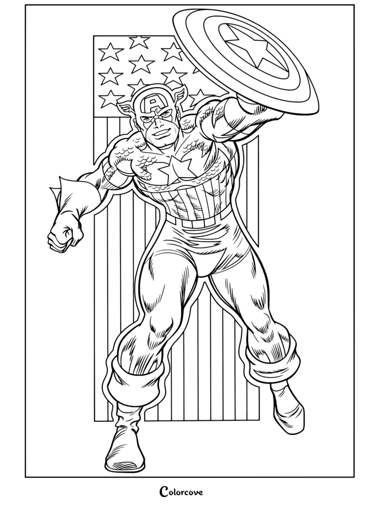 Coloriage imprimable Marvel Avengers de Captain America tenant son bouclier au-dessus de sa tête devant un drapeau américain.
