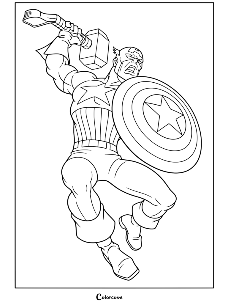Coloriage de Captain America représentant ce dernier maniant Mjölnir et son bouclier tout en chargeant au milieu d'une tempête d'éclairs des Marvel Avengers.